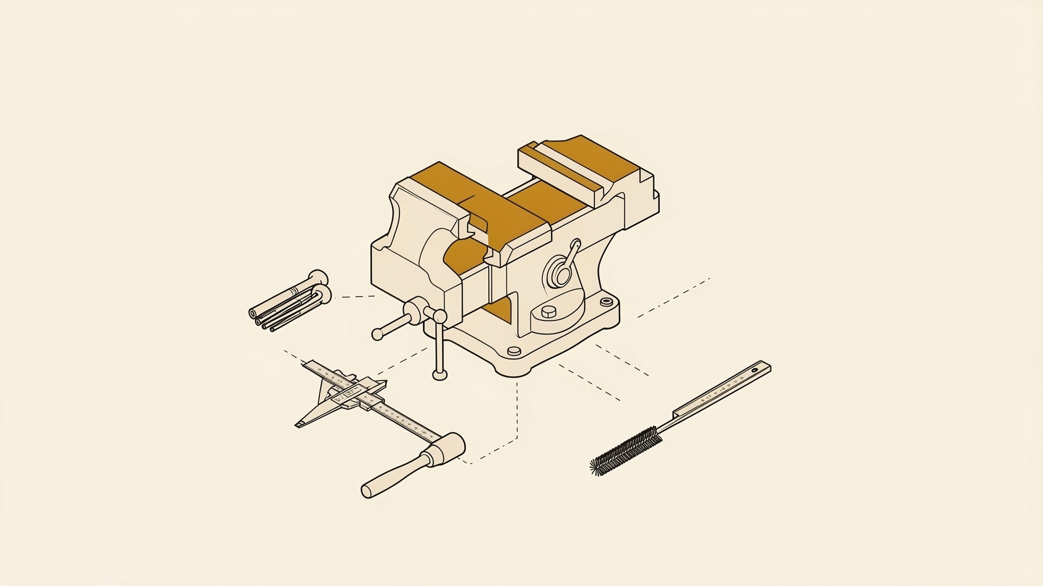 An isometric illustration of a bench vice with its jaws open
