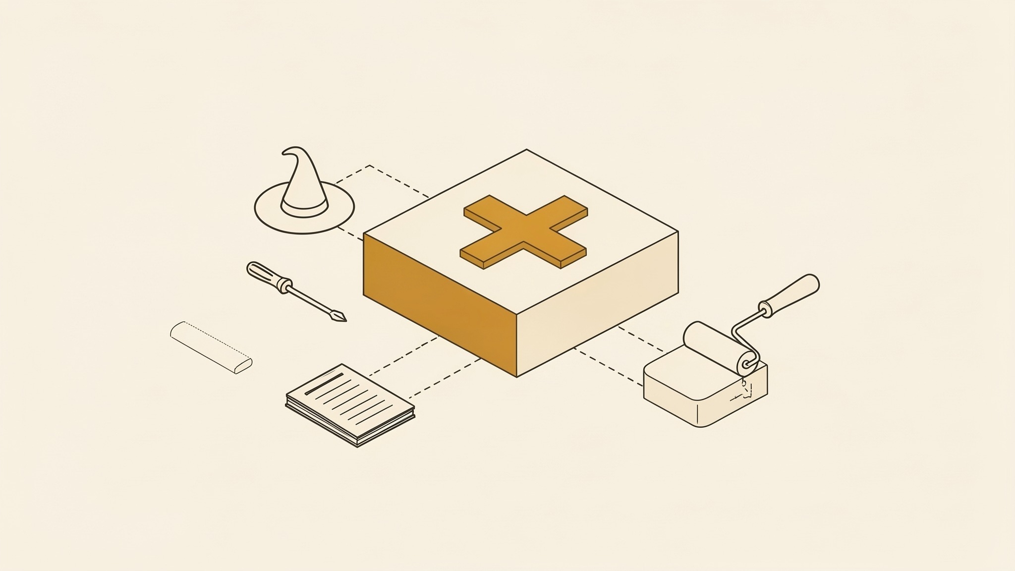 An isometric illustration of a large square block with a raised plus on its top face