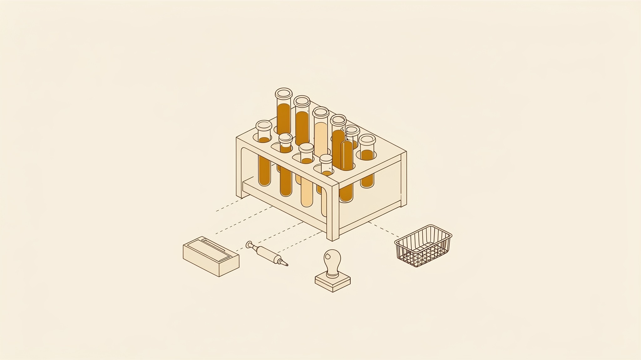 An isometric illustration of a wooden rack with six slots, each holding one identical stoppered test tube