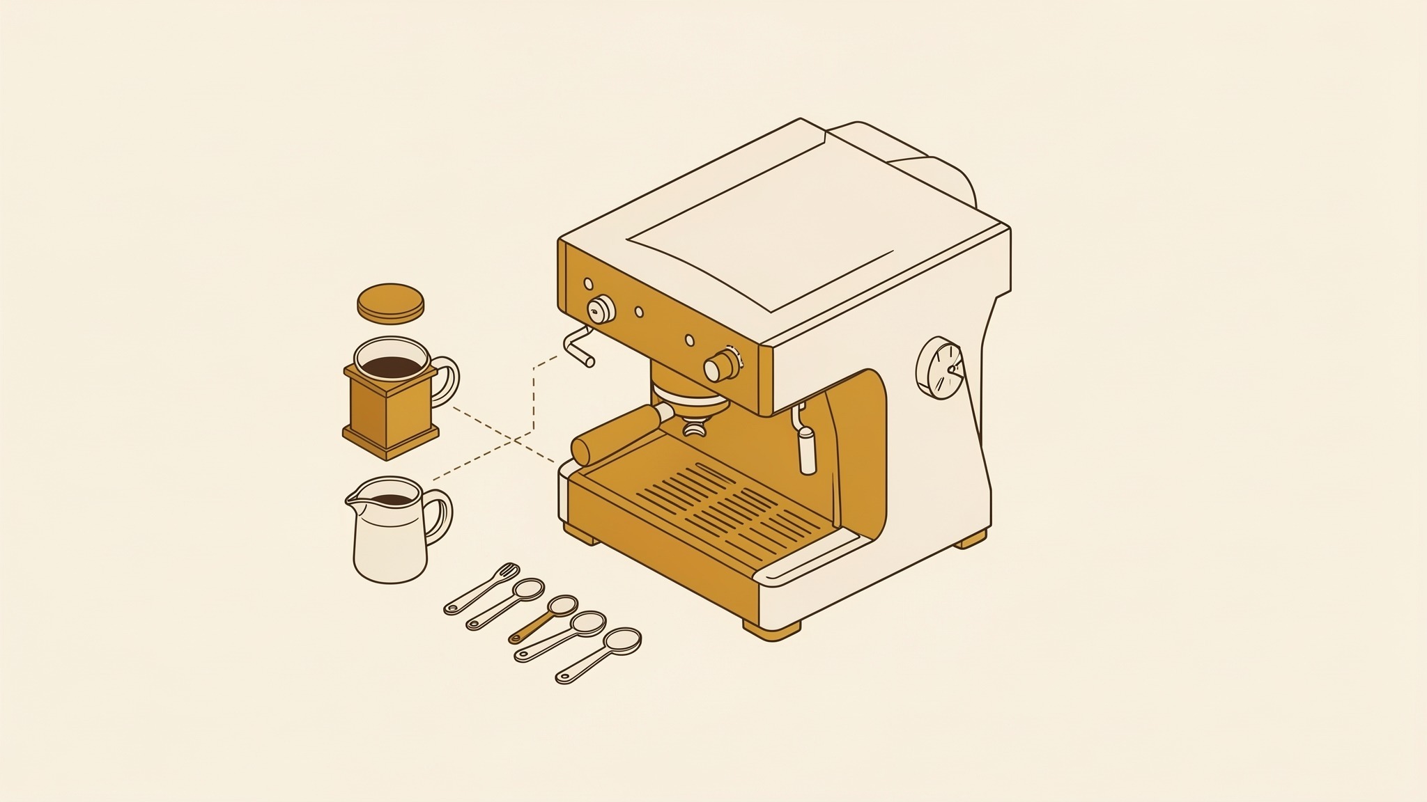 An isometric illustration of an espresso machine with a group head, a portafilter handle and a pressure dial