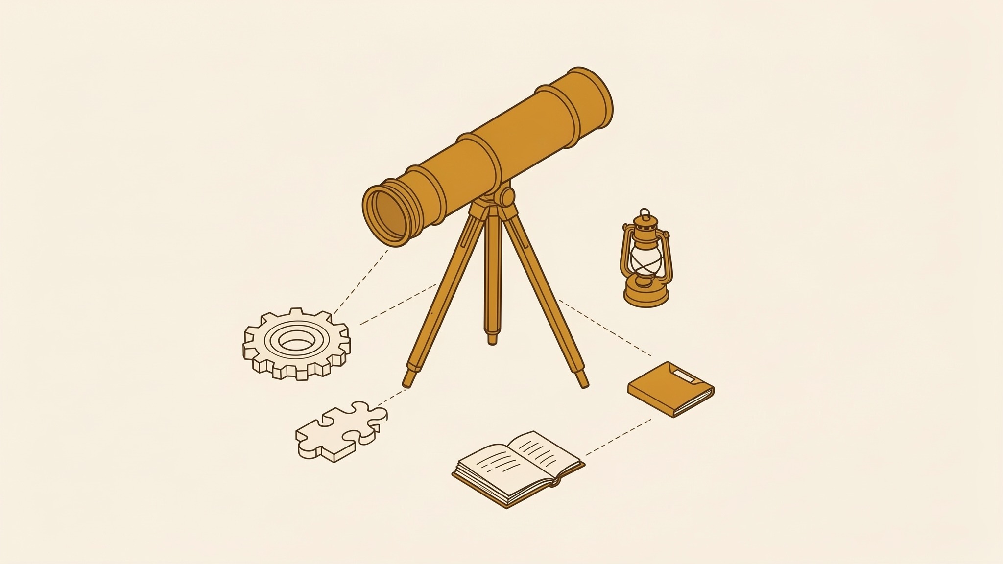 An isometric illustration of a brass telescope on a three-legged tripod