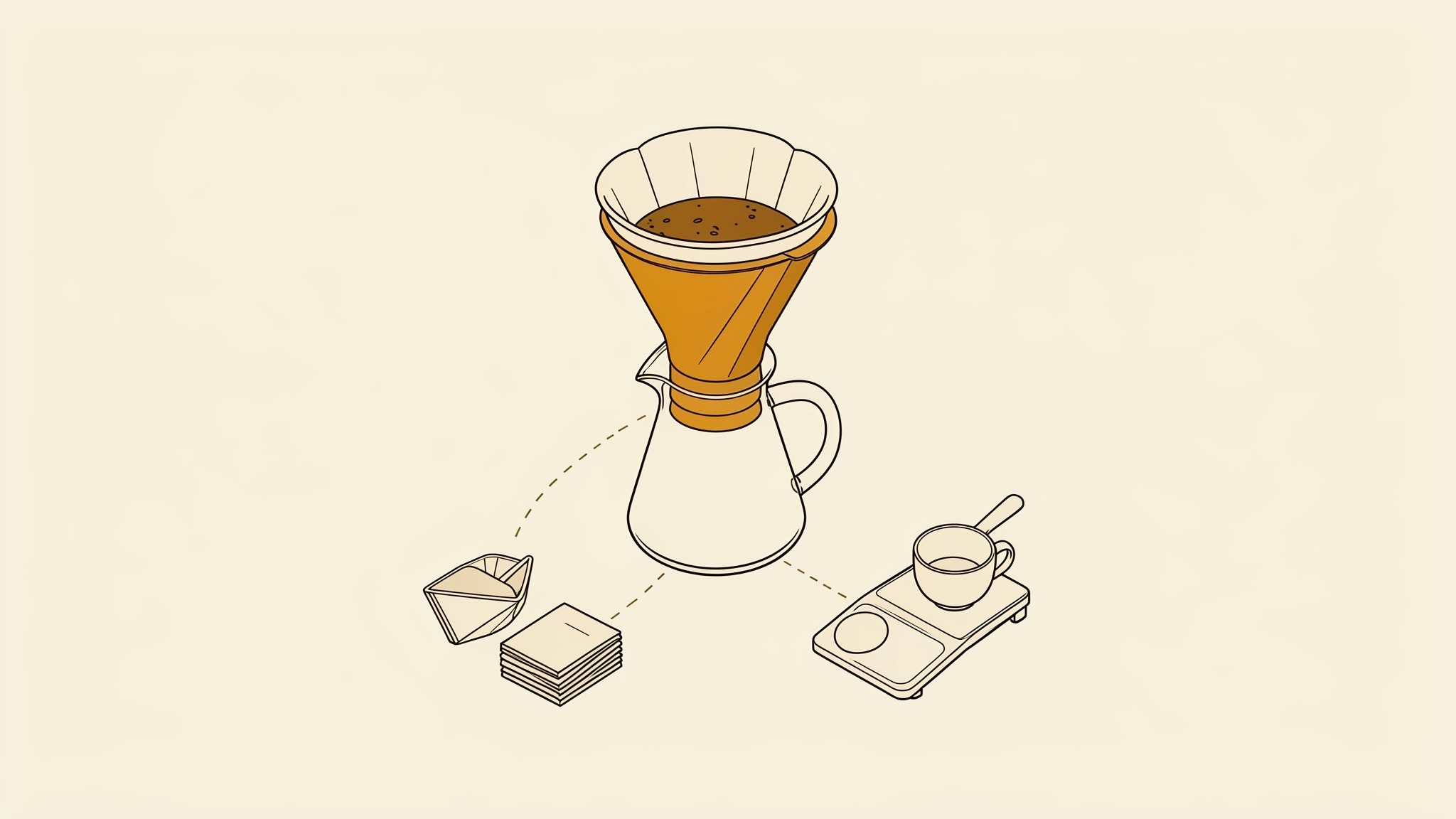 An isometric illustration of a pour-over coffee dripper cone with a paper filter in it, standing on a glass carafe