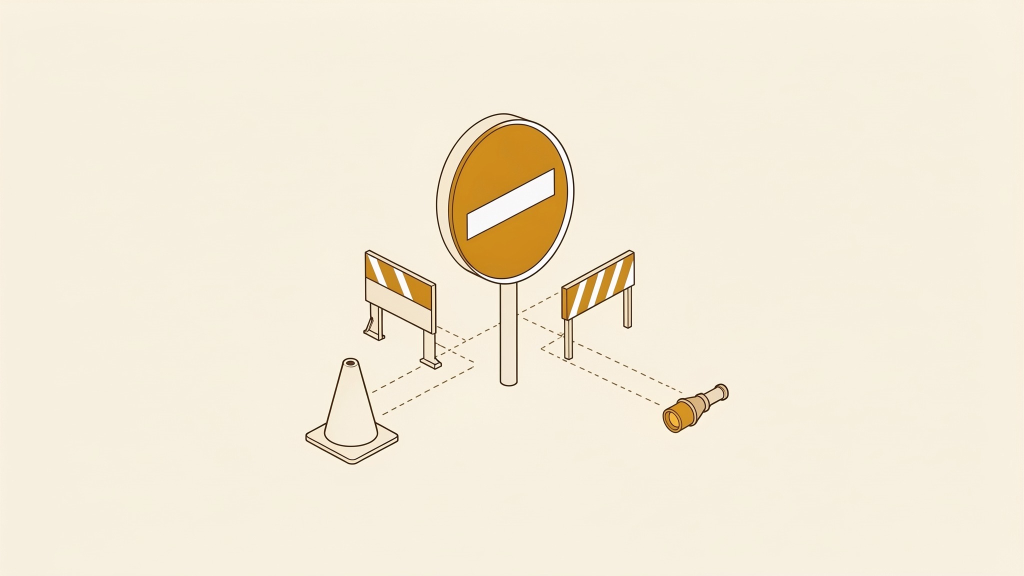 An isometric illustration of a round no-entry road sign on a short post — a solid disc with a single white bar across it
