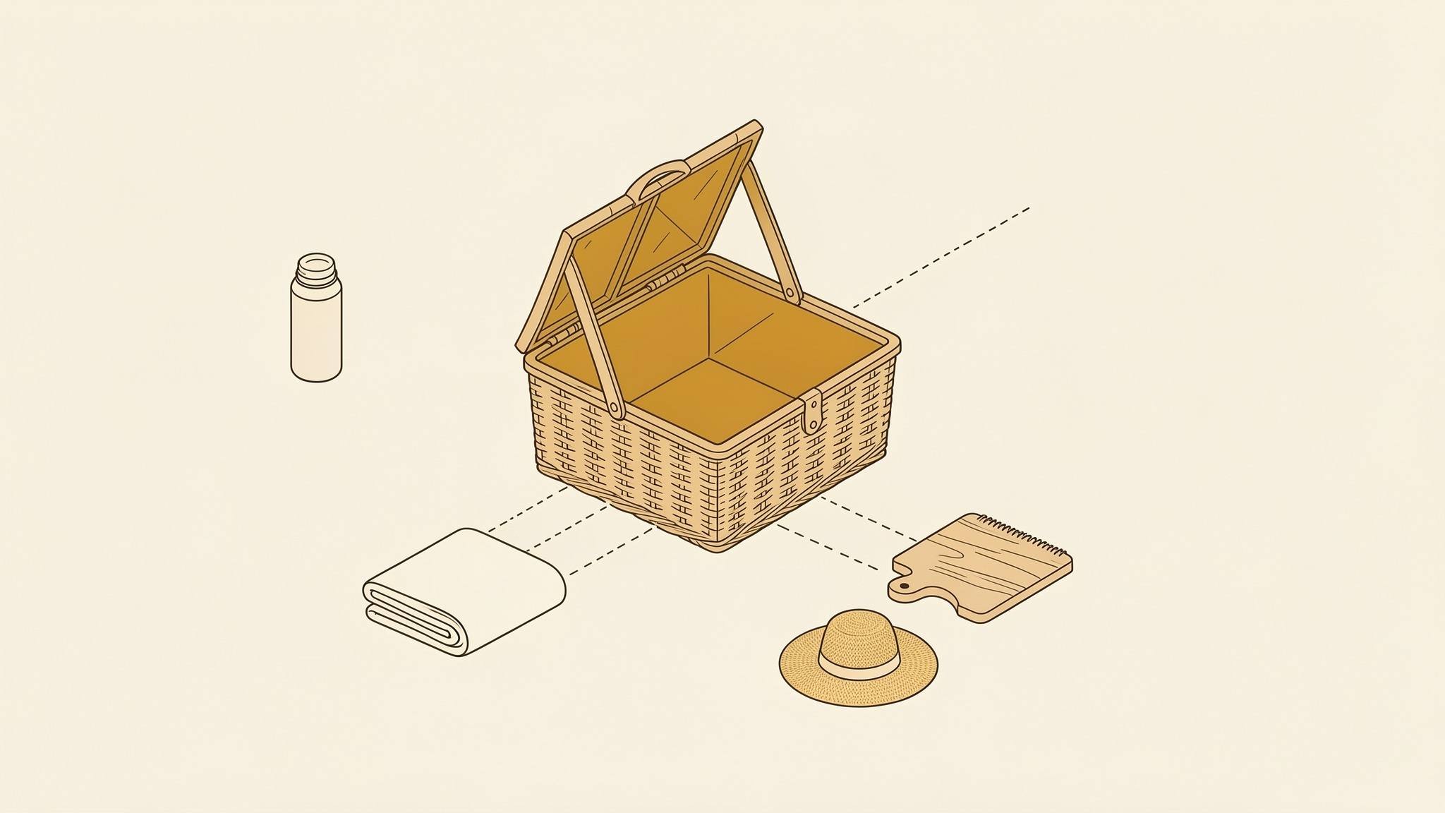 An isometric illustration of a wicker picnic basket with its lid folded open