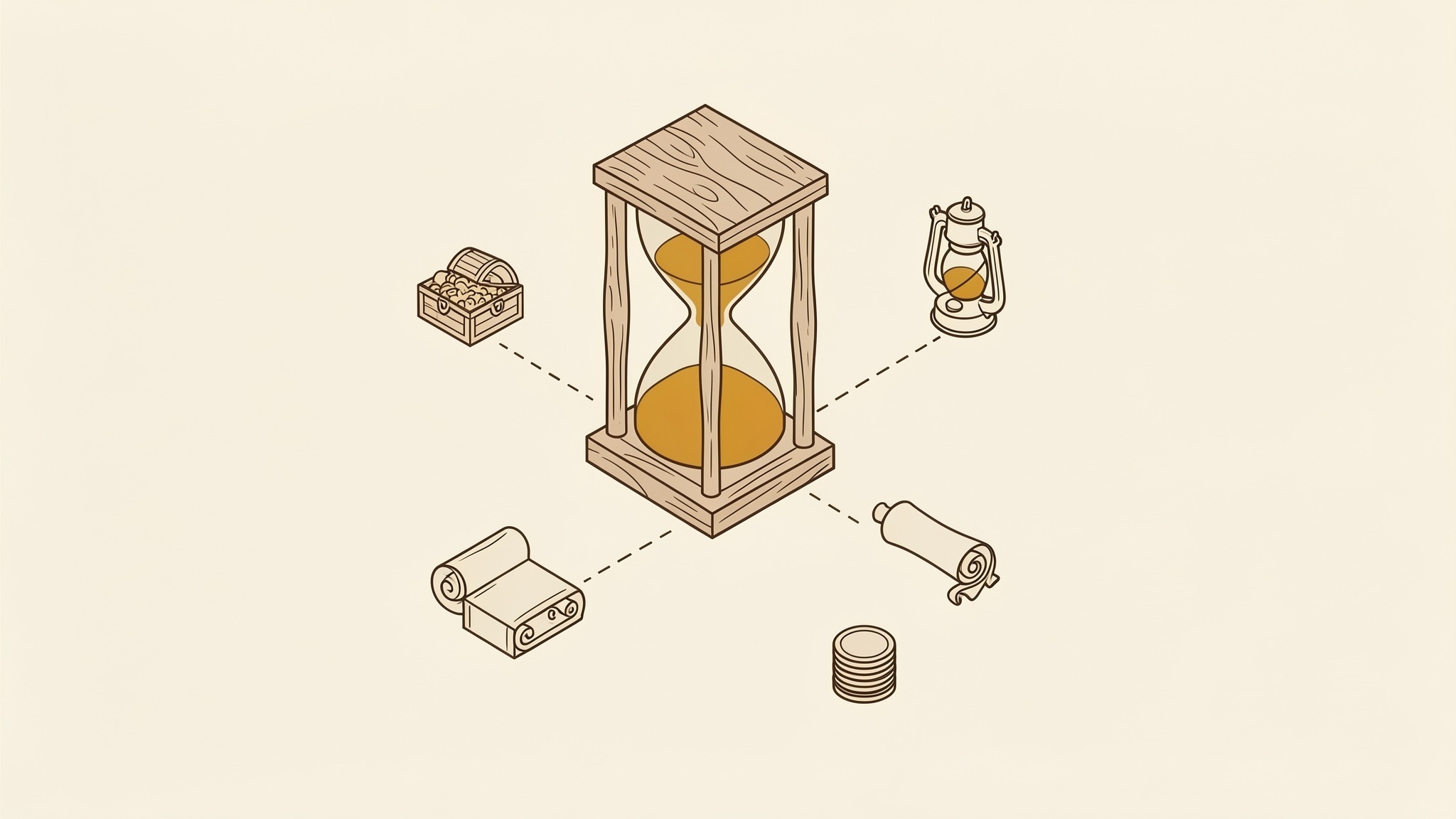 An isometric illustration of an hourglass in a turned wooden frame