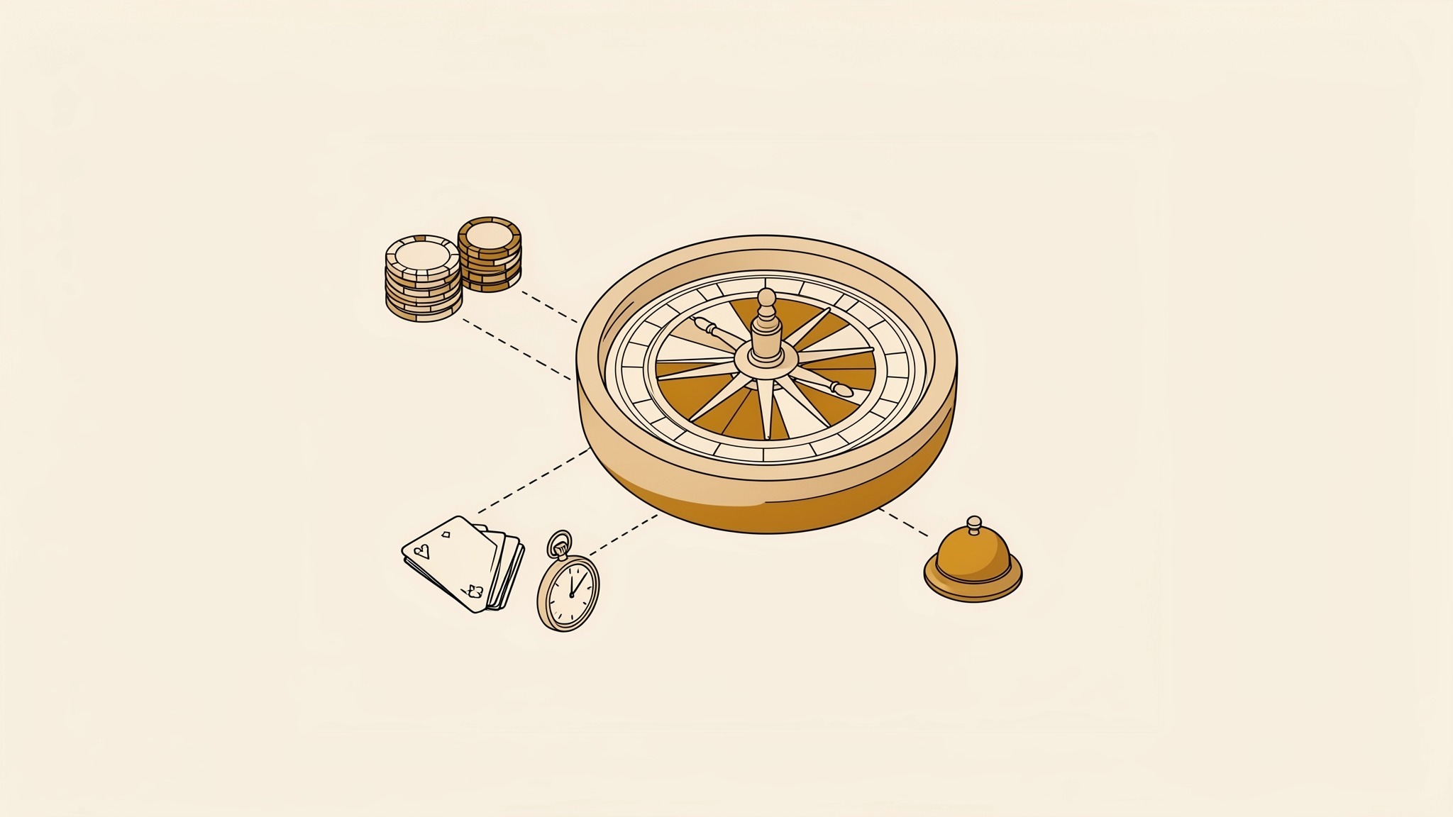An isometric illustration of a roulette wheel lying flat in its bowl, with a spoked turret at its center