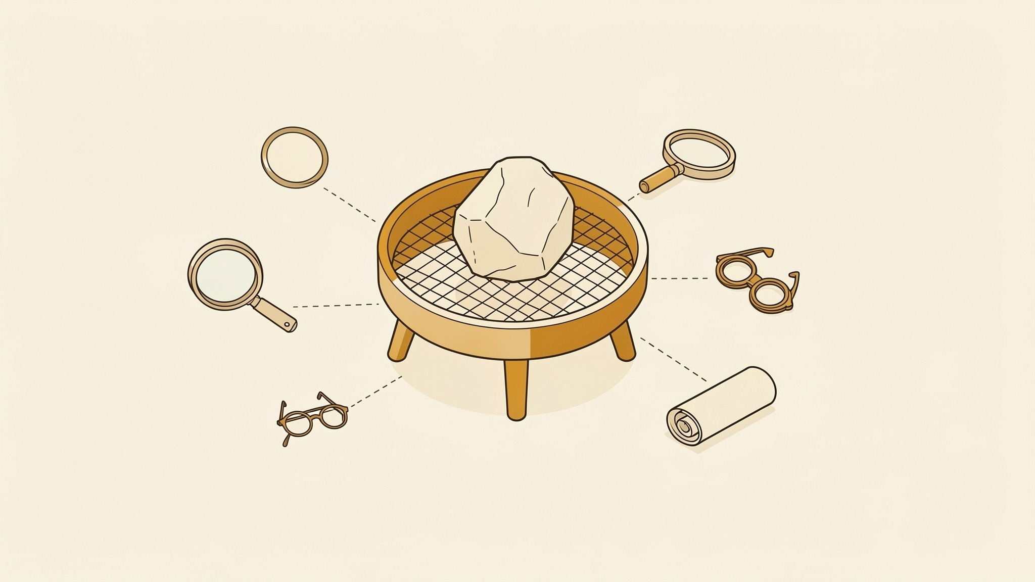 An isometric illustration of a round sieve on three short legs with one large stone resting on its mesh, too big to pass through