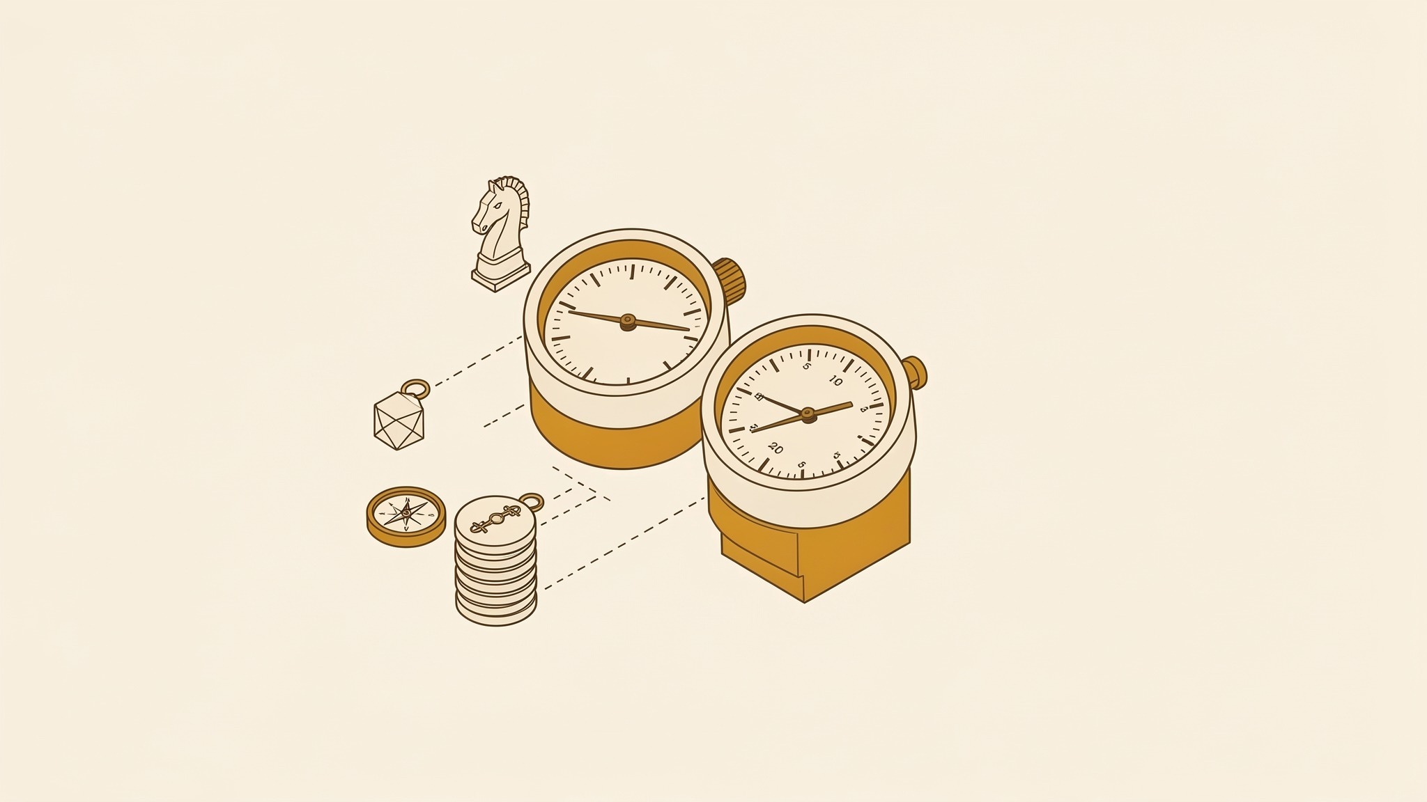 An isometric illustration of a pair of round dial gauges side by side, their needles at different angles