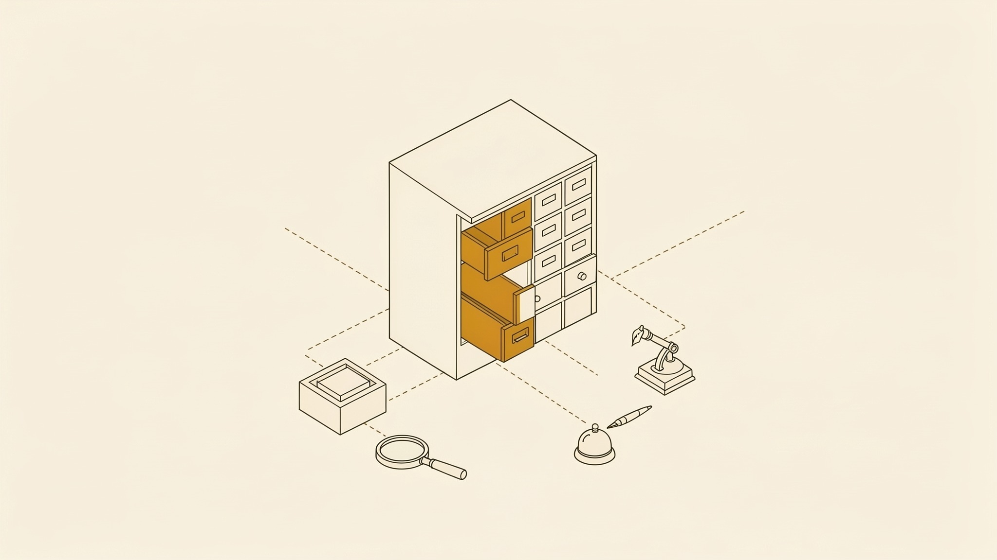 An isometric illustration of a filing cabinet with a grid of small drawers, one drawer pulled open