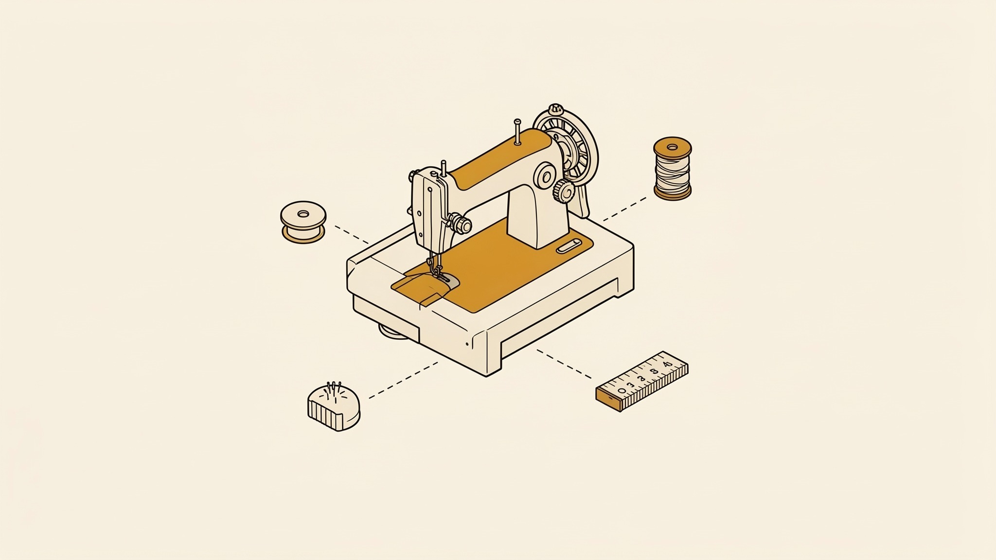 An isometric illustration of a sewing machine with a needle arm, a spool pin and a flat bed