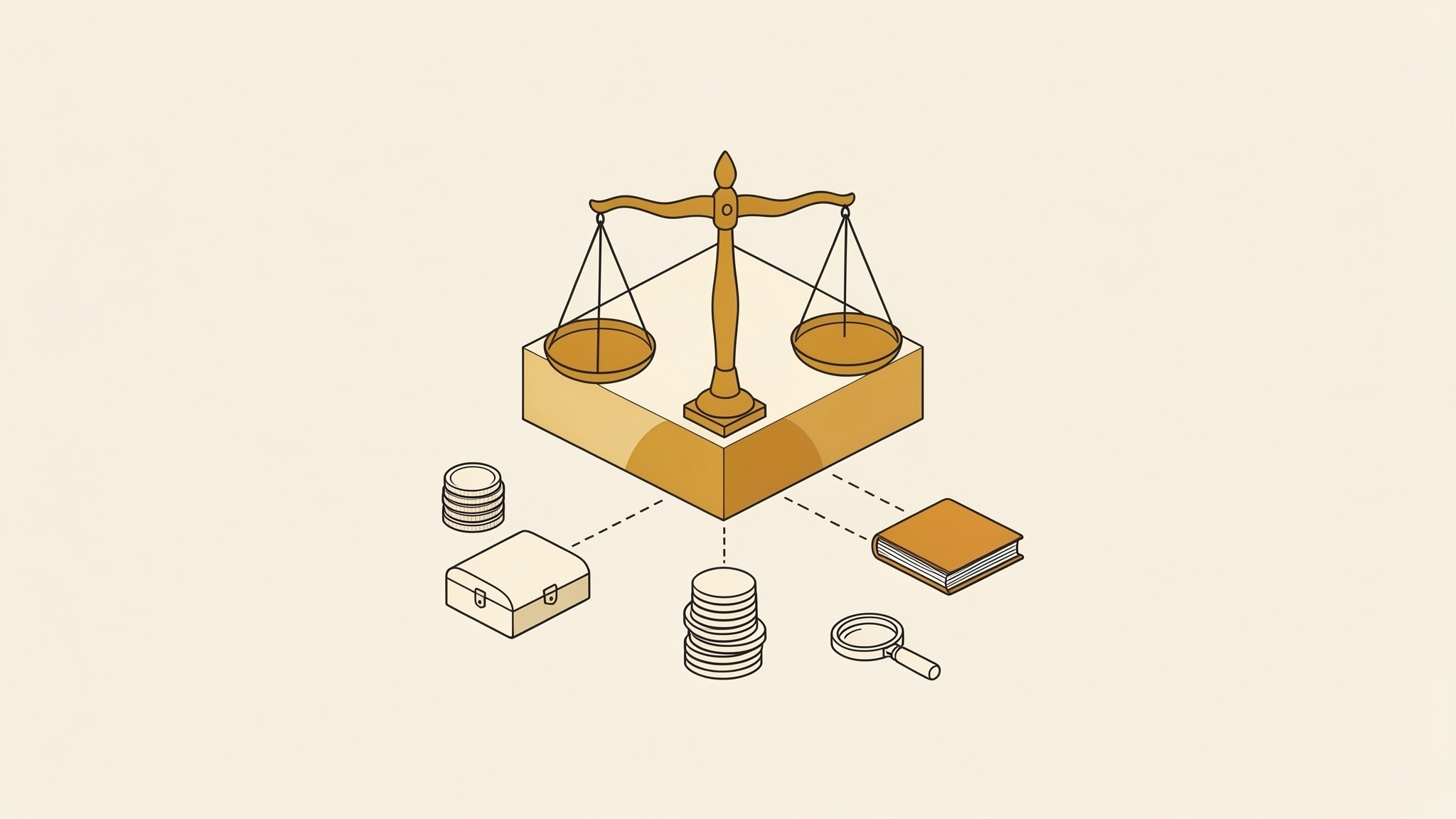 An isometric illustration of a balance scale with two pans, level