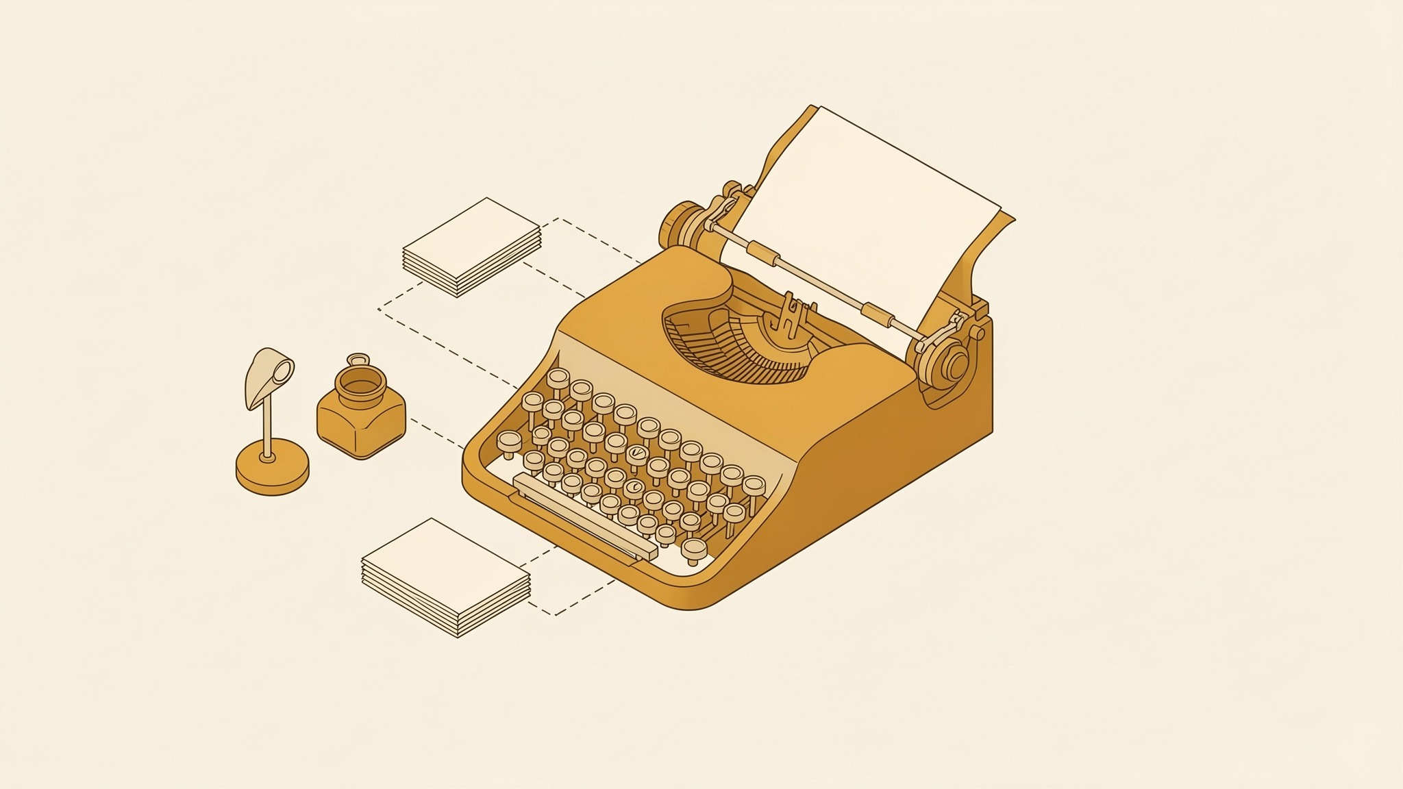 An isometric illustration of a typewriter with a curved bank of round keys and a paper roller