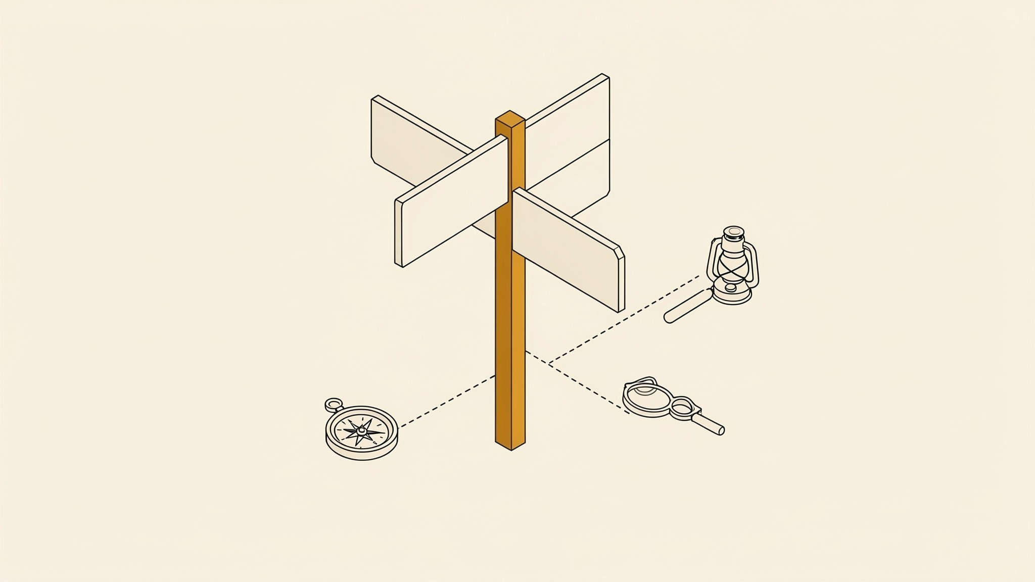 An isometric illustration of a signpost with four blank boards pointing different ways