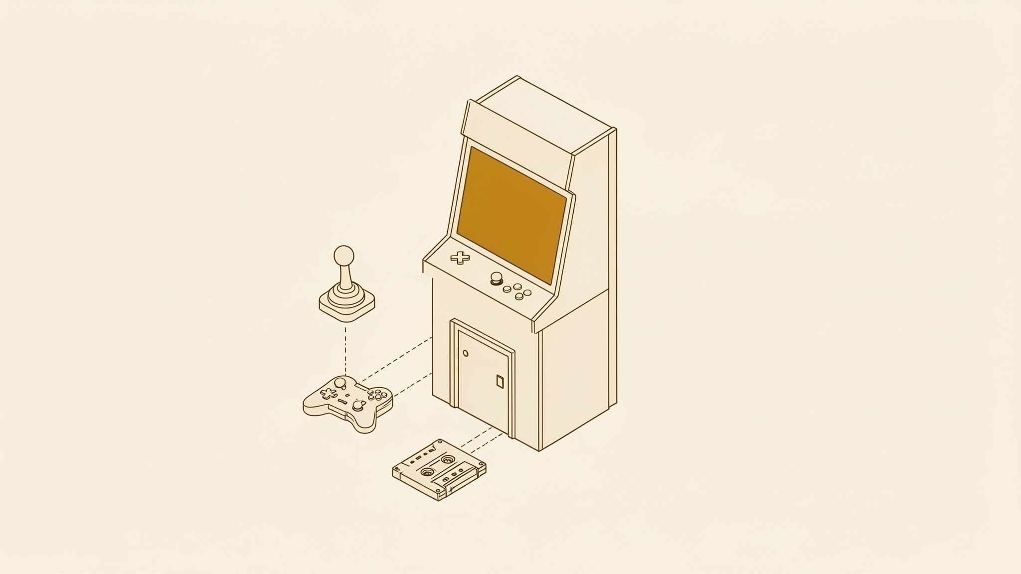 An isometric illustration of an upright arcade cabinet with a screen and a sloped control panel