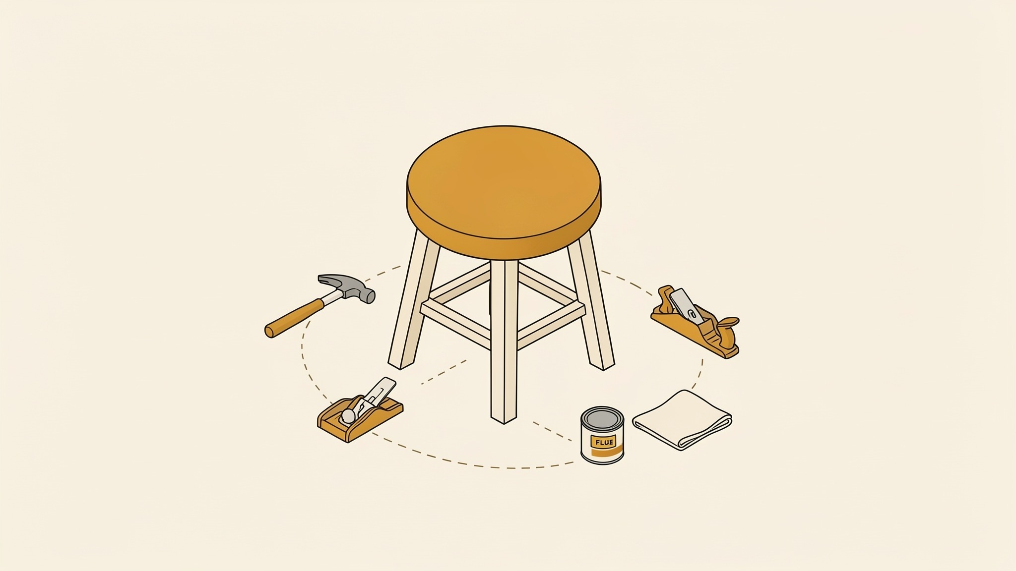 An isometric illustration of a four-legged wooden stool with a round seat